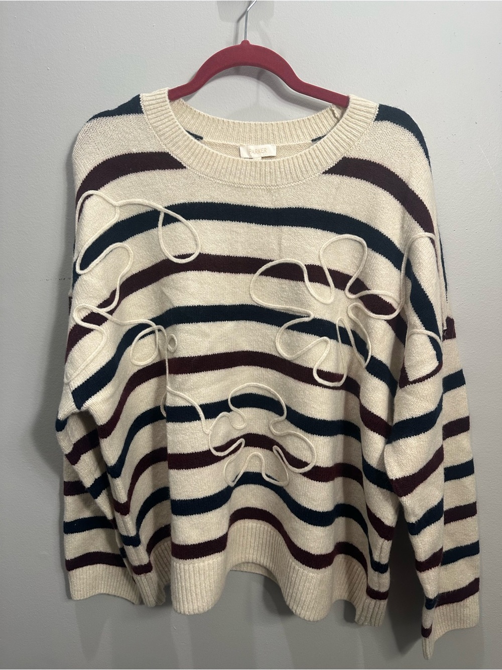 Parker NWT Oversized Floral Appliqué Stripe Sweater | Cream Burgundy Navy